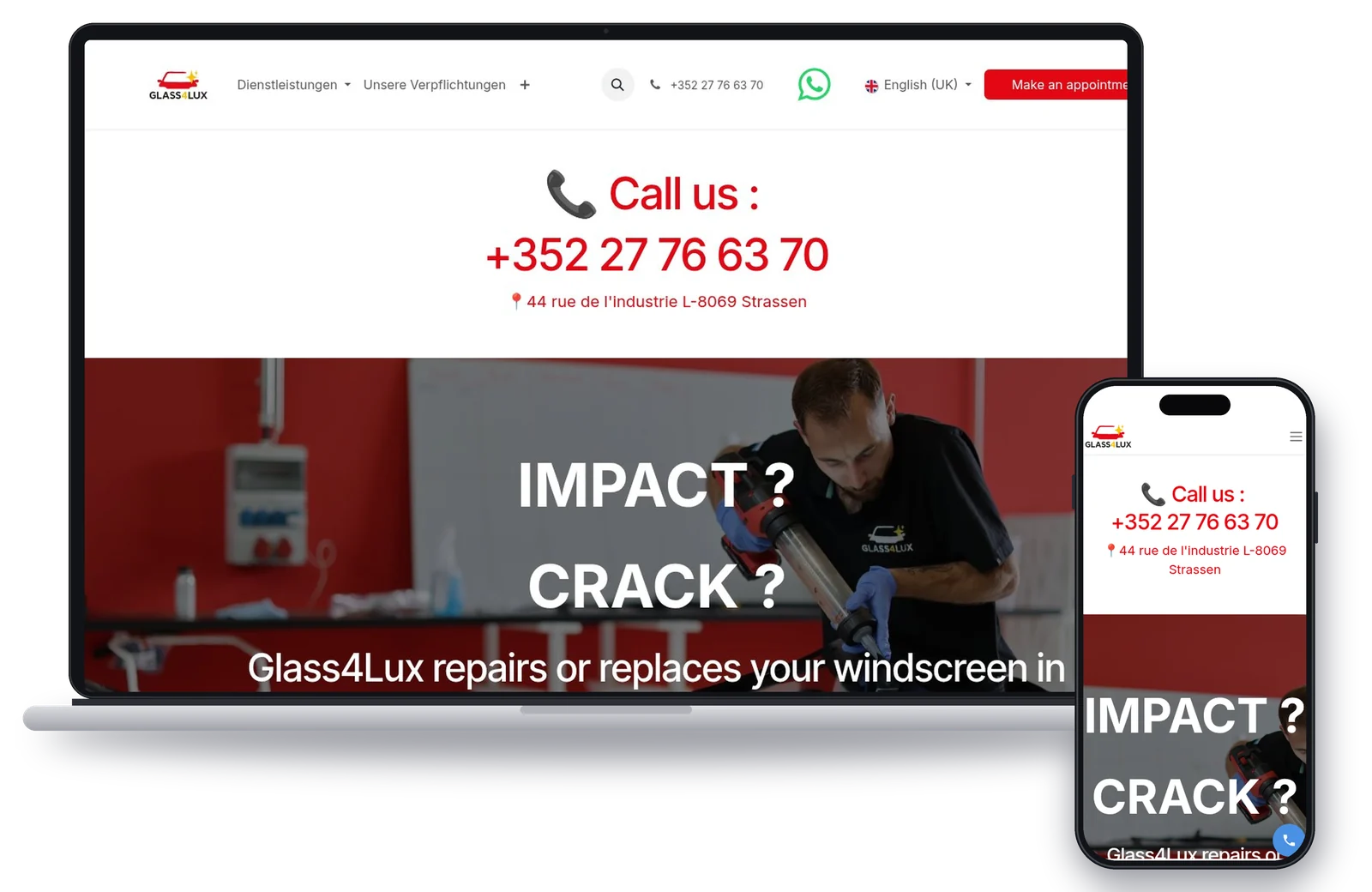 Site Glass4Lux affiché sur un MacBook et un iPhone