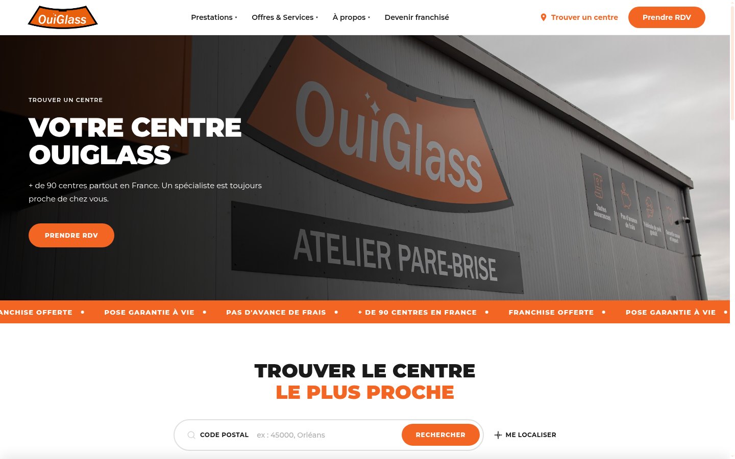 Page Trouver votre centre d’OuiGlass, avec la recherche par code postal