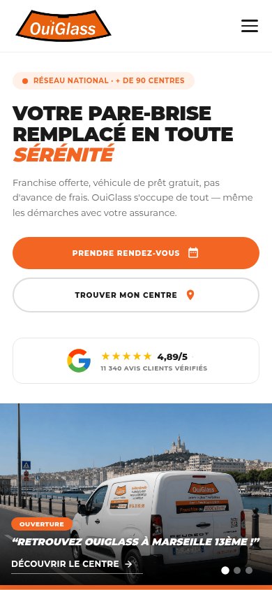 Page d’accueil OuiGlass sur mobile, avec les deux boutons d’action empilés