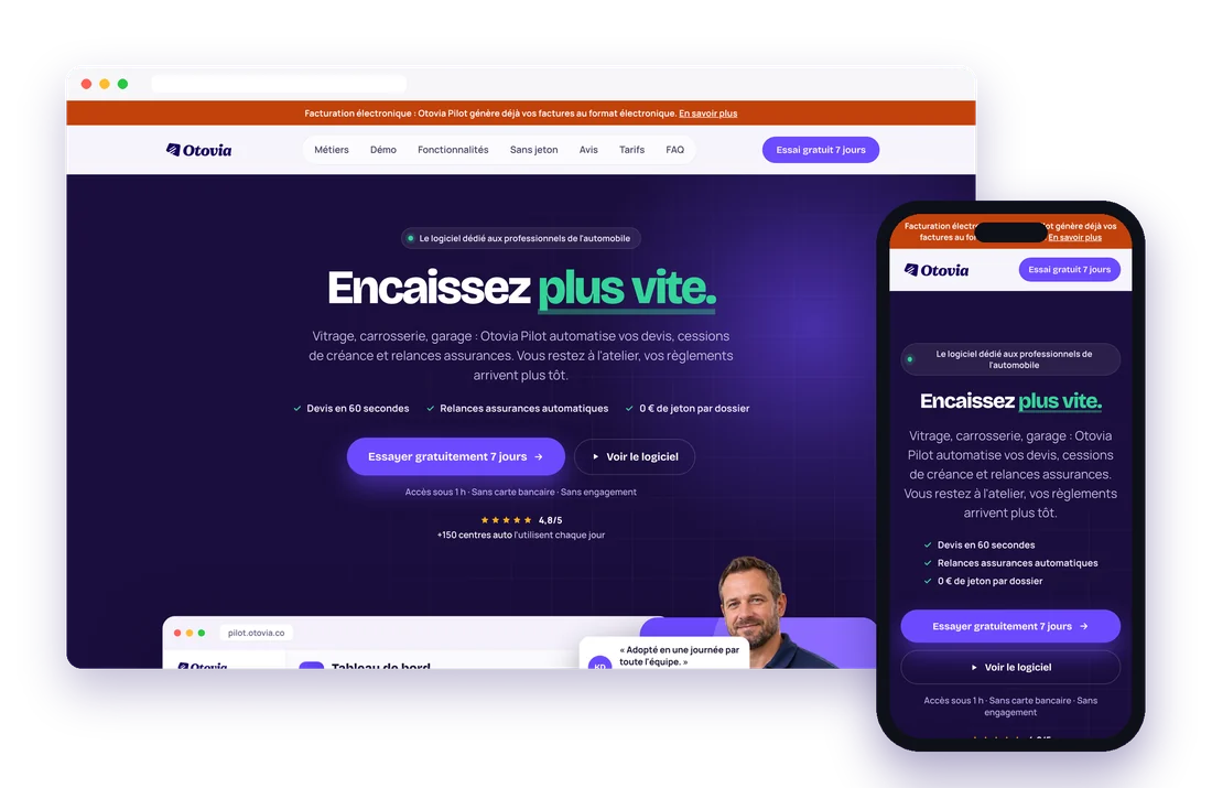 Le site Otovia Pilot (partenaire.otovia.co) sur ordinateur et téléphone